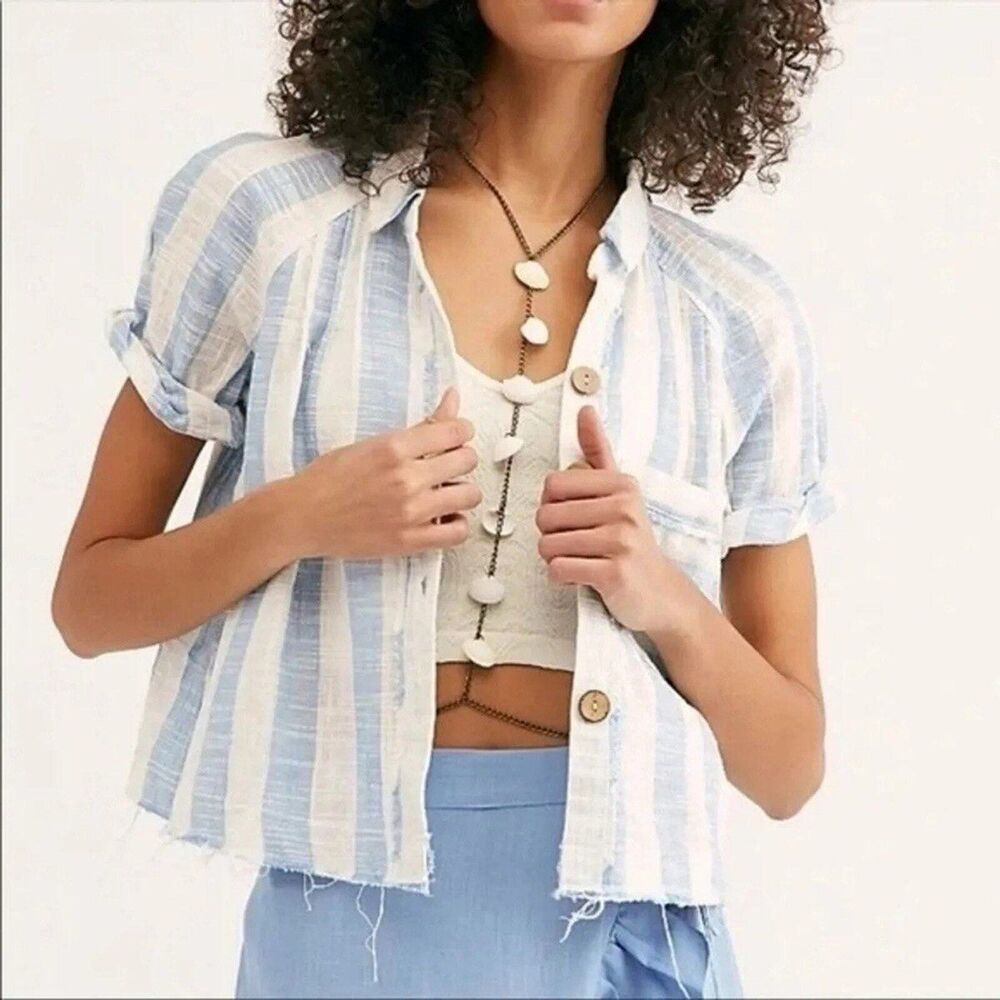 Free People We The Free Away At Sea Frayed Hem Button Down Striped Top L